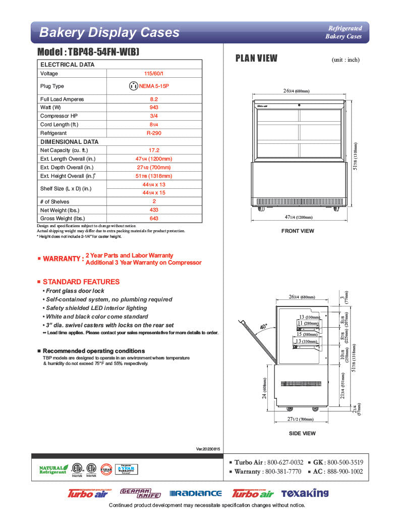 Turbo Air TBP48-54FN-B 47-1/4" Straight Glass Refrigerated Bakery Display Case, 3 Levels, Black Exterior, 115v - Donut-Equipment.com
