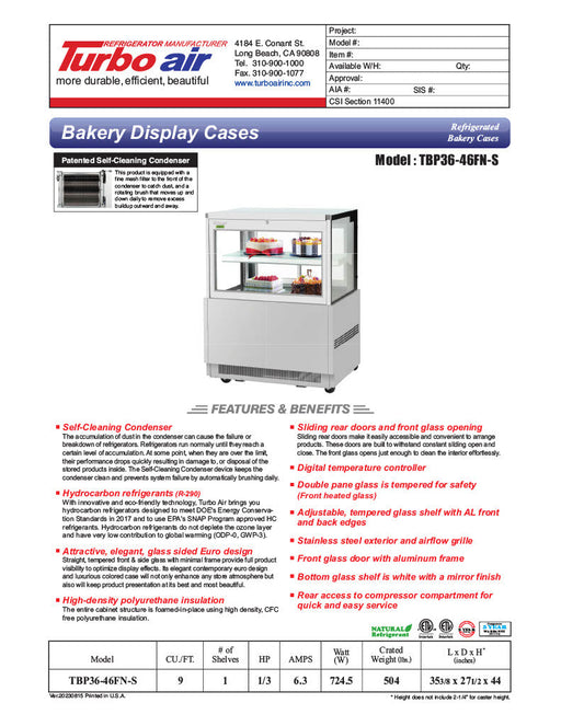Turbo Air TBP36-46FN-S 35 3/8" Straight Glass Refrigerated Bakery Display Case, 2 Levels, Stainless Steel, 115v - Donut-Supplies.Com