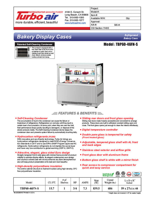 Turbo Air TBP60-54FN-S 59" Refrigerated Bakery Display Case w/ Straight Glass - (3) Levels, 115v, Stainless Steel - Donut-Supplies.Com