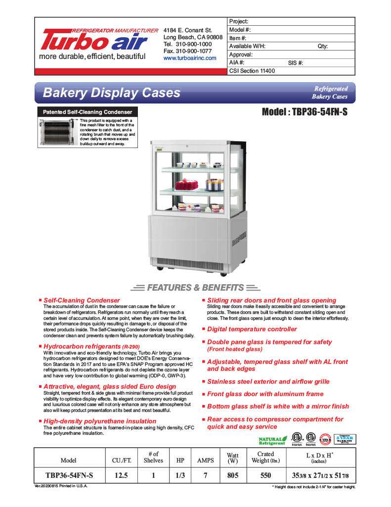 Turbo Air TBP36-54FN-S 35 3/8" Refrigerated Bakery Display Case w/ Straight Glass - (3) Levels, 115v, Stainless Steel - Donut-Equipment.com