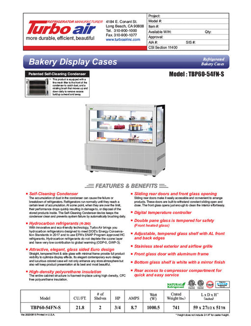 Turbo Air TBP48-54FN-S 47-1/2" Refrigerated Bakery Display Case w/ Straight Glass - (3) Levels, 115v, Stainless Steel - Donut-Supplies.Com