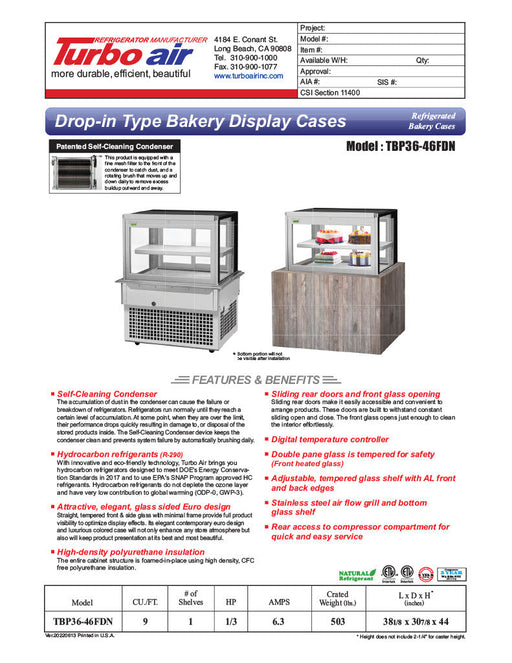 Turbo Air TBP-36-46FDN 38-1/8" Refrigerated Bakery Display Case w/ Straight Glass - (2) Levels, 115v, Stainless Steel - Donut-Supplies.Com