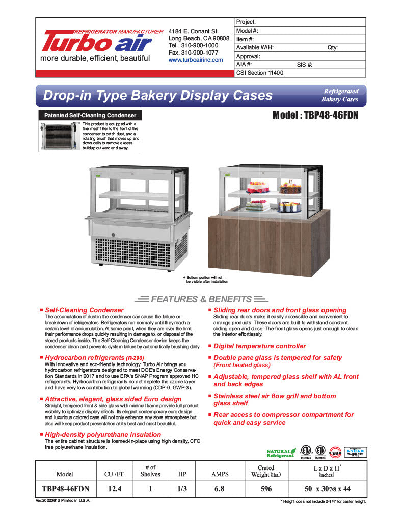 Turbo Air TBP48-46FDN 50" Refrigerated Bakery Display Case w/ Straight Glass - (2) Levels, 115v, Stainless Steel - Donut-Equipment.com