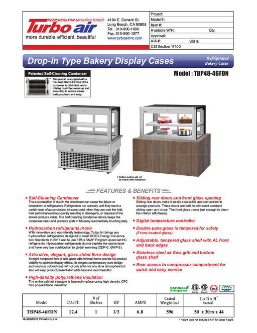 Turbo Air TBP48-46FDN 50" Refrigerated Bakery Display Case w/ Straight Glass - (2) Levels, 115v, Stainless Steel - Donut-Supplies.Com