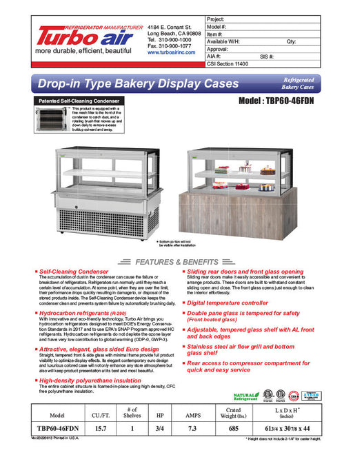 Turbo Air TBP60-46FDN 61-3/4" Refrigerated Bakery Display Case w/ Straight Glass - (2) Levels, 115v, Stainless Steel - Donut-Supplies.Com