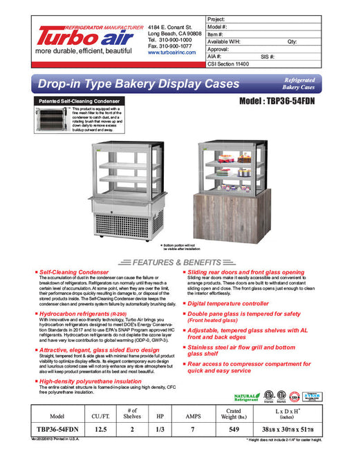 Turbo Air TBP36-54FDN 38-1/8" Refrigerated Bakery Display Case w/ Straight Glass - (3) Levels, 115v, Stainless Steel - Donut-Supplies.Com
