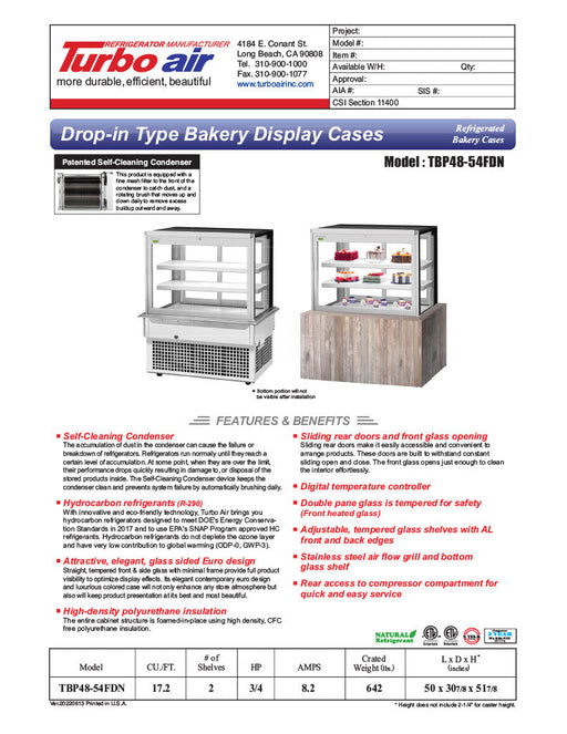 Turbo Air TBP48-54FDN 50" Refrigerated Bakery Display Case w/ Straight Glass - (3) Levels, 115v, Stainless Steel - Donut-Supplies.Com