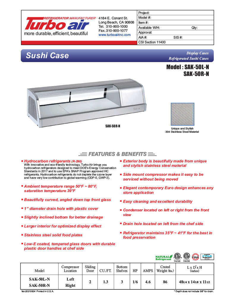 Turbo Air SAK-50R-N 50" Stainless Steel Curved Glass Refrigerated Display/Sushi Case - Right Side Compressor - Donut-Equipment.com