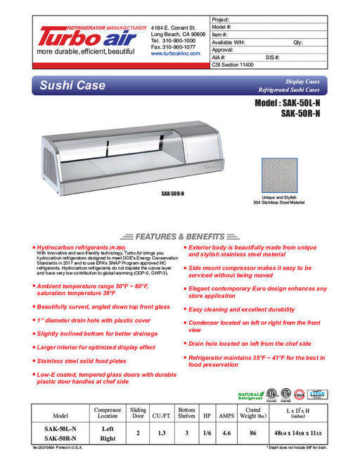 Turbo Air SAK-50L-N 50" Stainless Steel Curved Glass Refrigerated Display/Sushi Case - Left Side Compressor - Donut-Supplies.Com