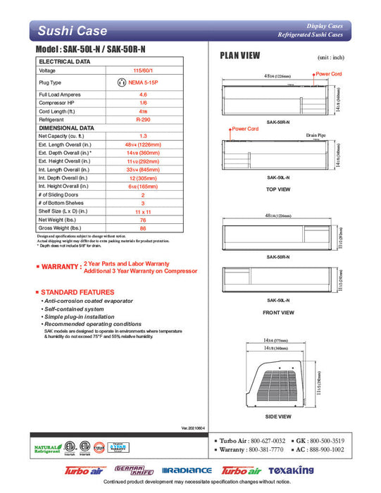 Turbo Air SAK-50L-N 50" Stainless Steel Curved Glass Refrigerated Display/Sushi Case - Left Side Compressor - Donut-Supplies.Com