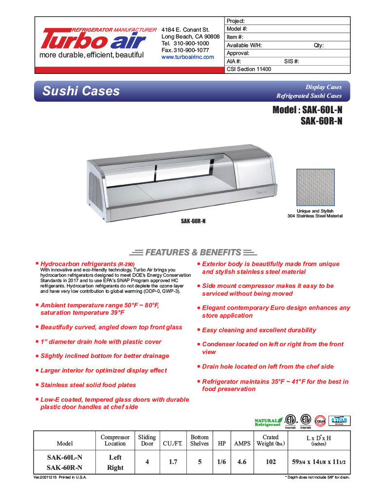 Turbo Air SAK-60L-N 60" Stainless Steel Curved Glass Refrigerated Display/Sushi Case - Left Side Compressor - Donut-Equipment.com