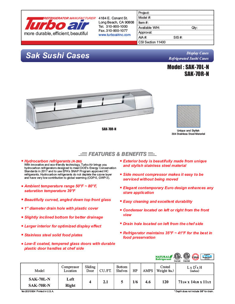 Turbo Air SAK70L-N 70" Stainless Steel Curved Glass Refrigerated Sushi Case - Left Side Compressor - Donut-Equipment.com