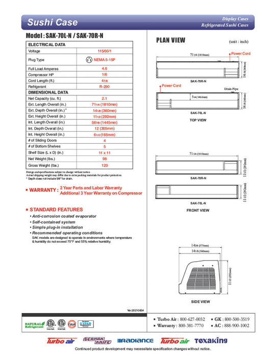Turbo Air SAK70L-N 70" Stainless Steel Curved Glass Refrigerated Sushi Case - Left Side Compressor - Donut-Supplies.Com