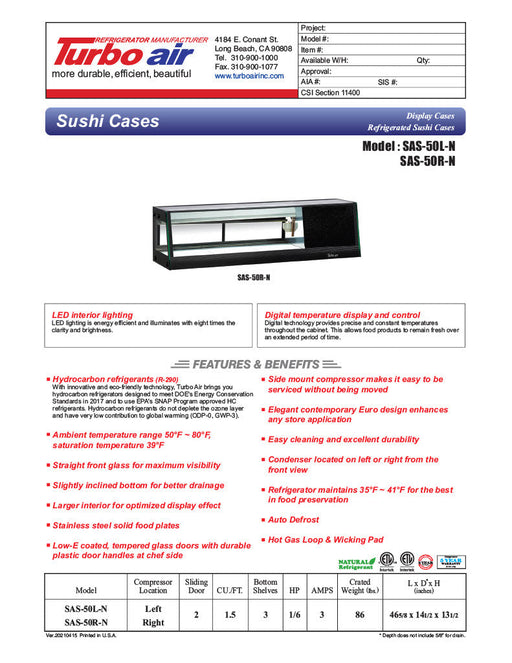 Turbo Air SAS-50R-N 50" Straight Glass Refrigerated Display/Sushi Case - Right Side Compressor - Donut-Supplies.Com
