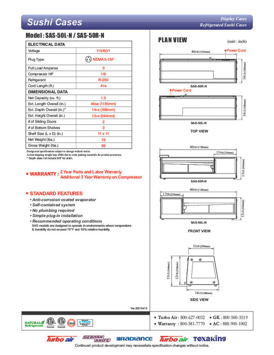 Turbo Air SAS-50L-N 50" Straight Glass Refrigerated Display/Sushi Case - Left Side Compressor - Donut-Supplies.Com