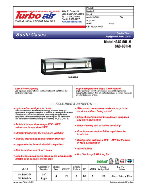 Turbo Air SAS-60R-N 60" Straight Glass Refrigerated Food/Sushi Case - Right Side Compressor - Donut-Supplies.Com