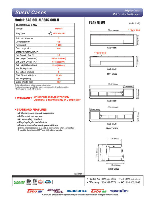 Turbo Air SAS-60L-N 60" Straight Glass Refrigerated Food/Sushi Case - Left Side Compressor - Donut-Supplies.Com