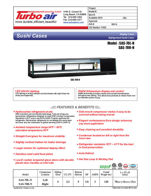 Turbo Air SAS-70L-N 70" Straight Glass Refrigerated Food/Sushi Case - Left Side Compressor - Donut-Supplies.Com