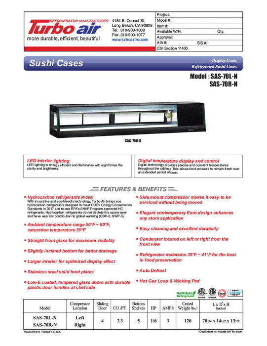 Turbo Air SAS-70R-N 70" Straight Glass Refrigerated Food/Sushi Case - Right Side Compressor - Donut-Supplies.Com