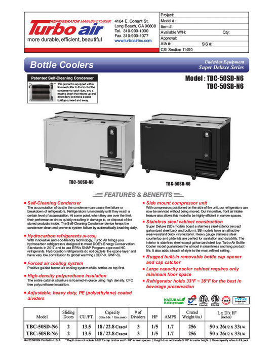 Turbo Air TBC-50SB-N6 50" Super Deluxe Black Exterior Bottle Cooler 2 Lids - Donut-Supplies.Com