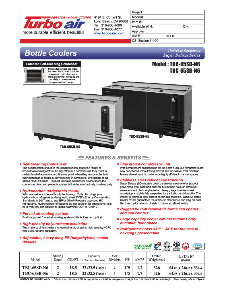 Turbo Air TBC-65SB-N6 65" Forced Air Bottle Cooler - Holds (528) 12 oz Bottles, Stainless Interior, 115v - Donut-Equipment.com