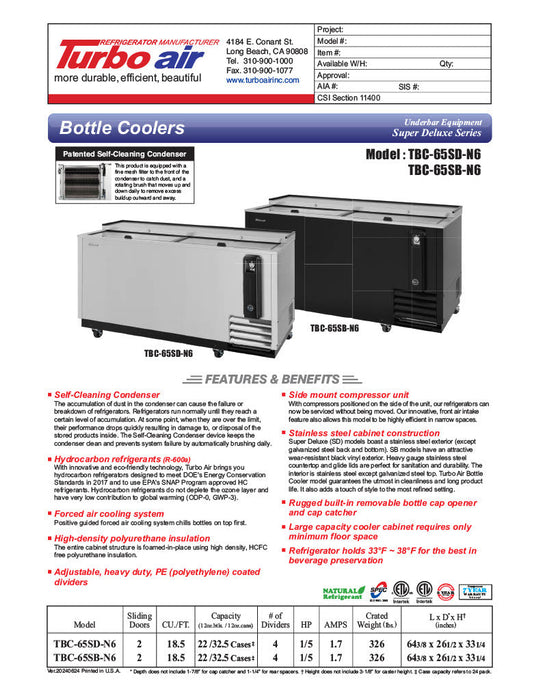 Turbo Air TBC-65SB-N6 65" Forced Air Bottle Cooler - Holds (528) 12 oz Bottles, Stainless Interior, 115v - Donut-Supplies.Com