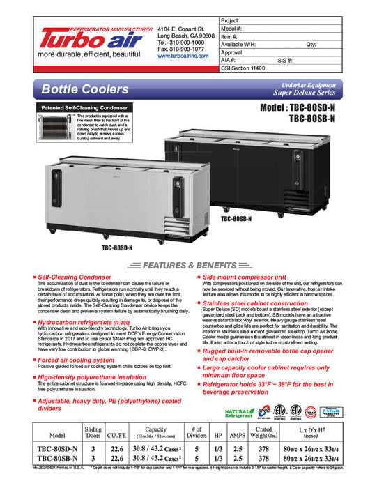 Turbo Air TBC-80SB-N 80 1/2" Forced Air Bottle Cooler - Holds (739) 12 oz Bottles, Black Laminated Exterior, 115v - Donut-Supplies.Com