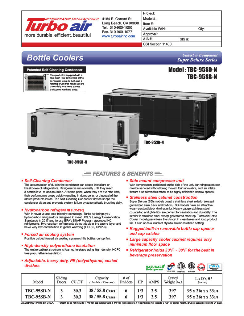 Turbo Air TBC-95SD-N 95" Forced Air Bottle Cooler - Holds (912) 12 oz Bottles, Stainless, 115v - Donut-Equipment.com