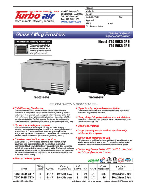 Turbo Air TBC-50SB-GF-N 50" 2-Section Glass Chiller – 140 Mug Capacity, Black, 115v - Donut-Supplies.Com