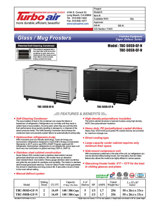 Turbo Air TBC-50SD-GF-N 50" 2-Section Glass Chiller – 140 Mug Capacity, Stainless Steel, 115v - Donut-Equipment.com