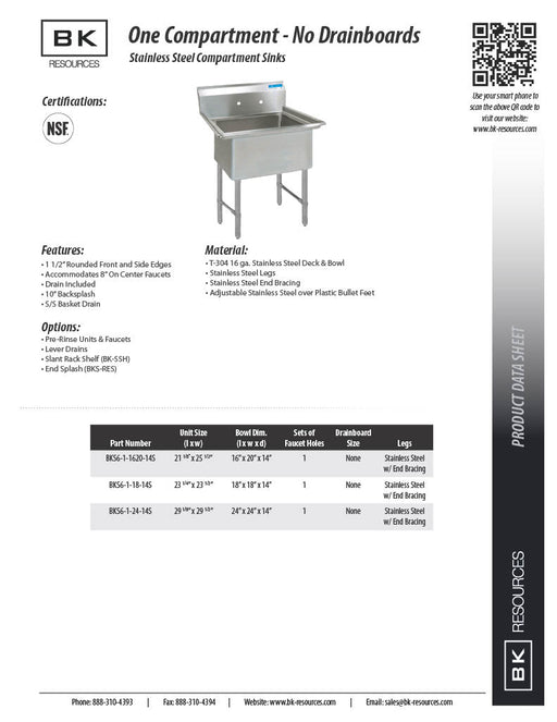 BK Resources Stainless Steel 1 Compartment Sink w/ 10" Riser – 20"L x 16"W x 14"D Bowl - Donut-Equipment.com