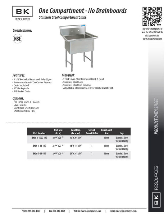 BK Resources Stainless Steel 1 Compartment Sink w/ 10" Riser – 20"L x 16"W x 14"D Bowl - Donut-Equipment.com