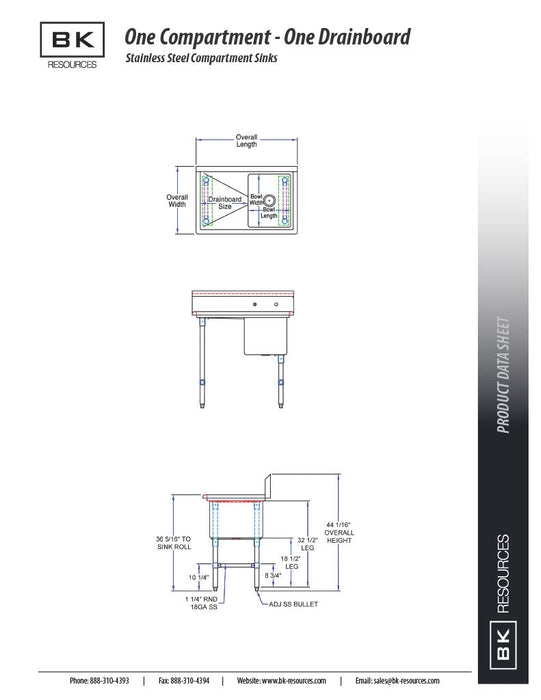 BK Resources Stainless Steel 1 Compartment Sink w/ 10" Riser & Left Drainboard – 20"L x 16"W x 14"D Bowl - Donut-Equipment.com