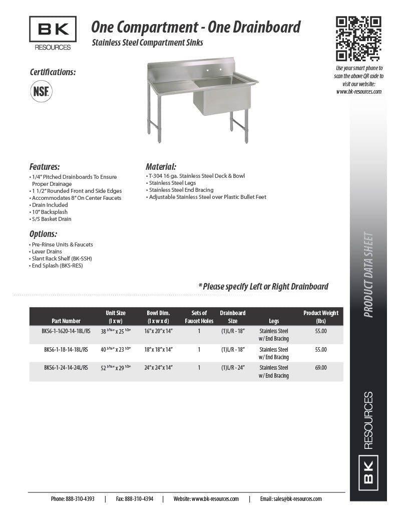 BK Resources Stainless Steel 1 Compartment Sink w/ 10" Riser & Right Drainboard – 20"L x 16"W x 14"D Bowl - Donut-Equipment.com