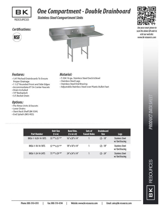BK Resources Stainless Steel 1 Compartment Sink w/ 10" Riser & Dual Drainboards – 20"L x 16"W x 14"D Bowl - Donut-Equipment.com