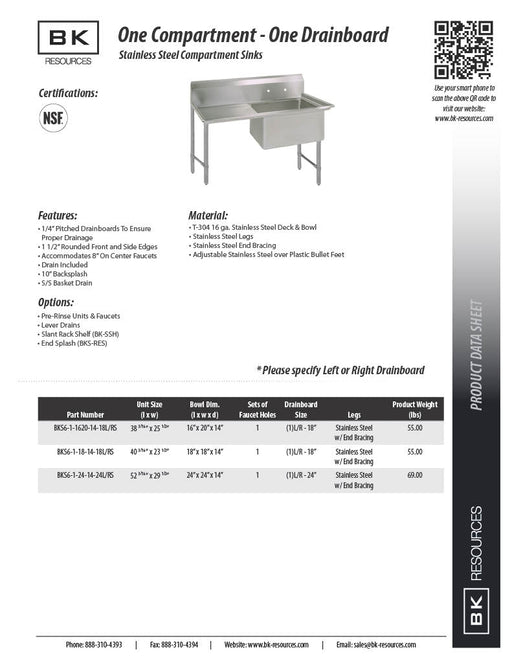 BK Resources Stainless Steel 1 Compartment Sink w/ 10" Riser & Left Drainboard – 24"L x 24"W x 14"D Bowl - Donut-Equipment.com