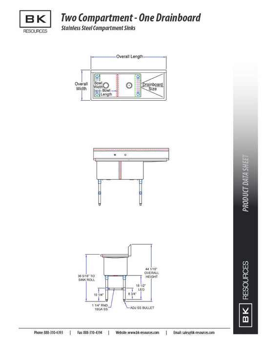 BK Resources Stainless Steel 2 Compartment Sink w/ 10" Riser & Left Drainboard – 20"L x 16"W x 14"D Bowls - Donut-Equipment.com