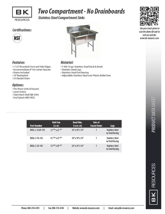 BK Resources Stainless Steel 2 Compartment Sink w/ 10" Riser – 18"L x 18"W x 14"D Bowls - Donut-Equipment.com