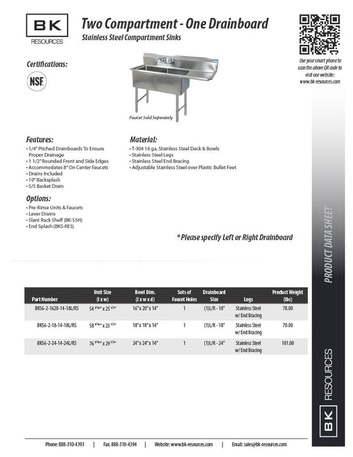 BK Resources Stainless Steel 2 Compartment Sink w/ 10" Riser & Left Drainboard – 18"L x 18"W x 14"D Bowls - Donut-Equipment.com