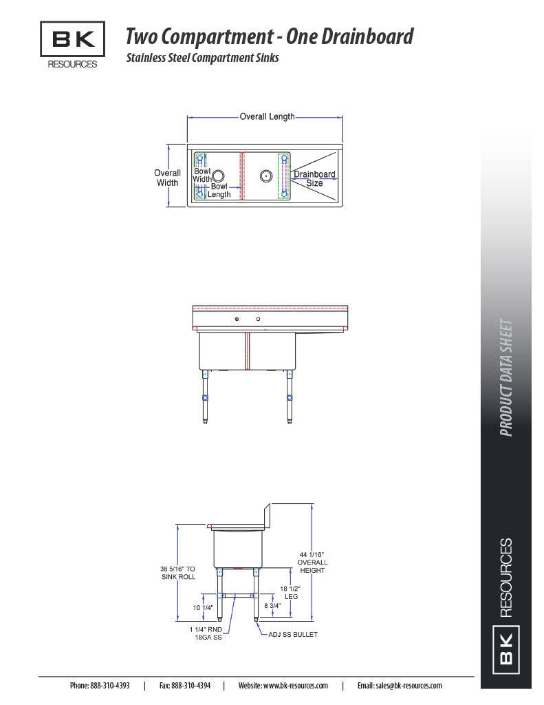 BK Resources Stainless Steel 2 Compartment Sink w/ 10" Riser & Left Drainboard – 18"L x 18"W x 14"D Bowls - Donut-Equipment.com