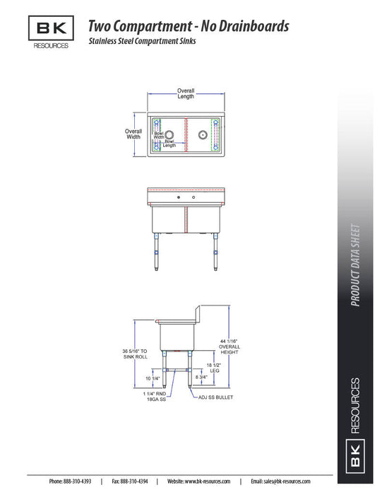 BK Resources Stainless Steel 2 Compartment Sink w/ 10" Riser – 24"L x 24"W x 14"D Bowls - Donut-Equipment.com