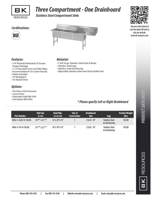 BK Resources Stainless Steel 3 Compartment Sink w/ 10" Riser & Left Drainboard – 20"L x 16"W x 14"D Bowls - Donut-Equipment.com