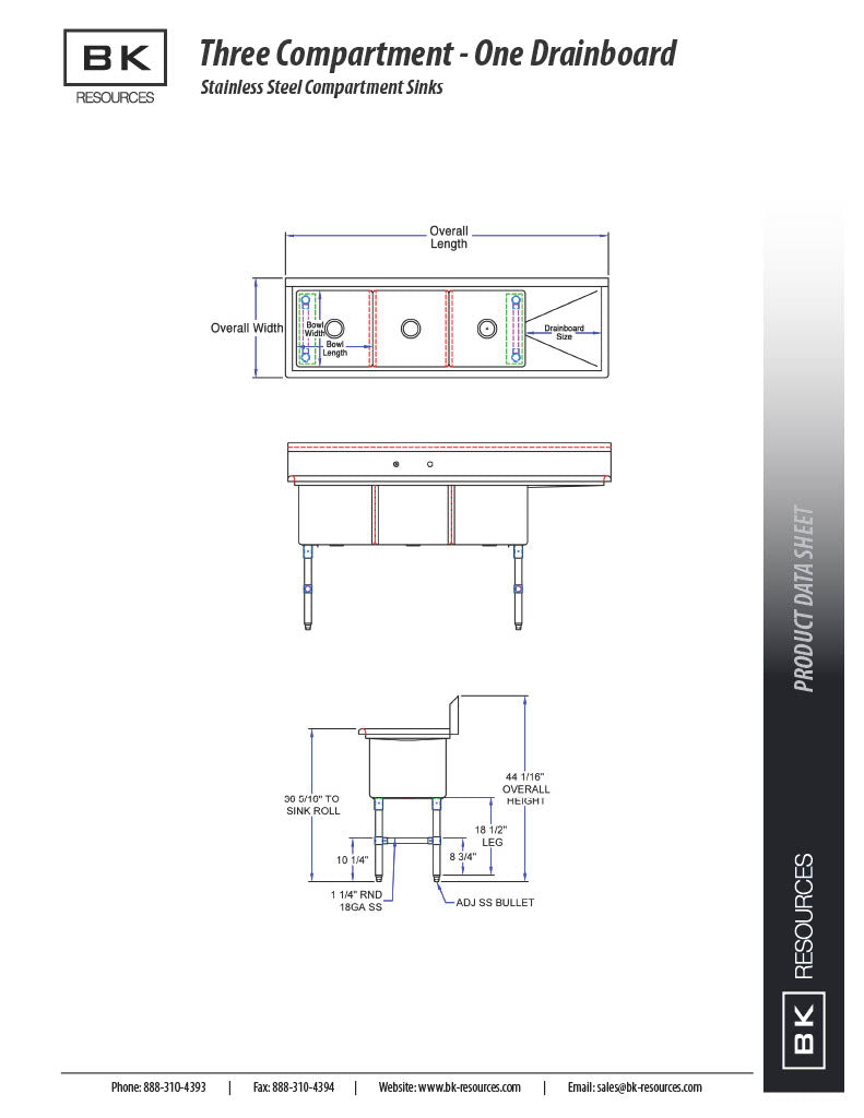 BK Resources Stainless Steel 3 Compartment Sink w/ 10" Riser & Left Drainboard – 20"L x 16"W x 14"D Bowls - Donut-Equipment.com