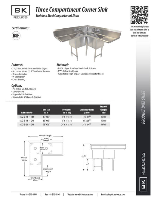 BK Resources Stainless Steel 3 Compartment Corner Sink w/ Dual 24" Drainboards – 18"L x 18"W x 14"D Bowls - Donut-Equipment.com