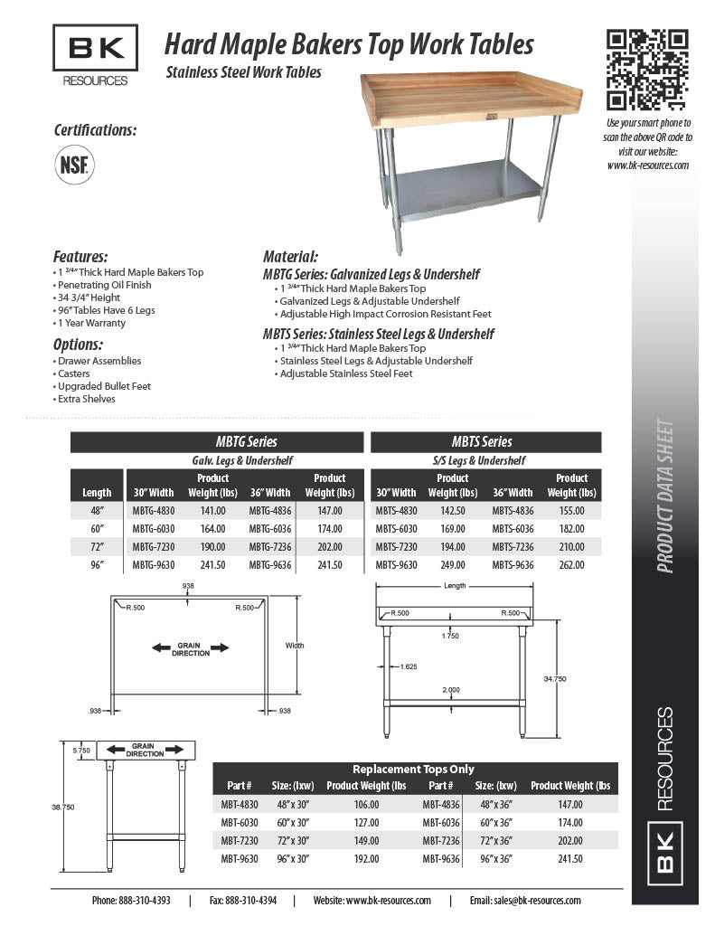 BK Resources Hard Maple Baker’s Top Work Table w/ Galvanized Undershelf, Oil Finish – 60" W x 36" D - Donut-Equipment.com