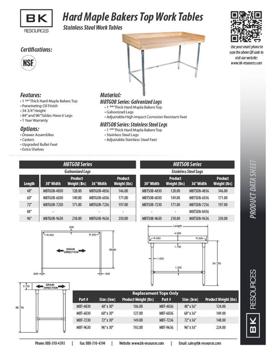 BK Resources Hard Maple Baker’s Top Work Table w/ Galvanized Open Base, Oil Finish – 60" W x 36" D - Donut-Equipment.com