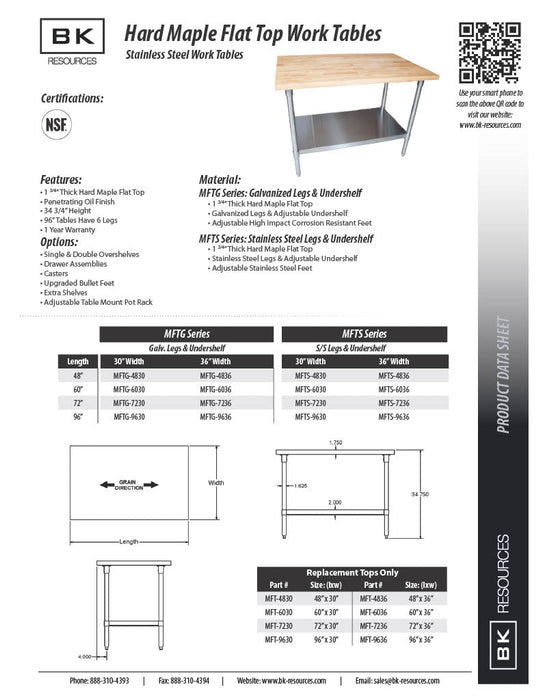 BK Resources Hard Maple Flat Top Work Table w/ Galvanized Undershelf, Oil Finish – 60" L x 30" W - Donut-Equipment.com
