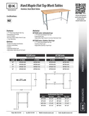 BK Resources Hard Maple Work Table w/ Open Base & Stainless Steel Legs, Oil Finish – 72" L x 36" W - Donut-Equipment.com