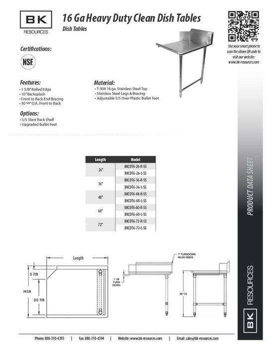 BK Resources 48" 16-Gauge Stainless Steel Clean Dish Table – Left Side - Donut-Equipment.com