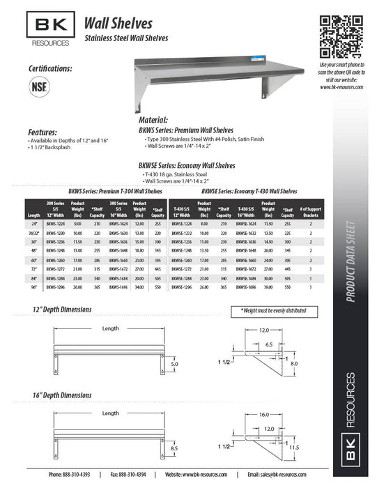BK Resources 12" x 48" Stainless Steel T-430 18 Gauge Wall Shelf - Donut-Equipment.com